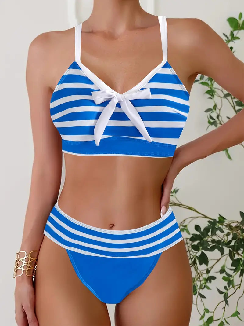 Sexy striped print bow V-neck bikini