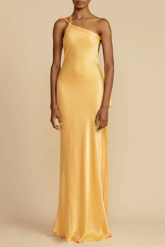 Tailored long dress with single asymmetrical band and open back