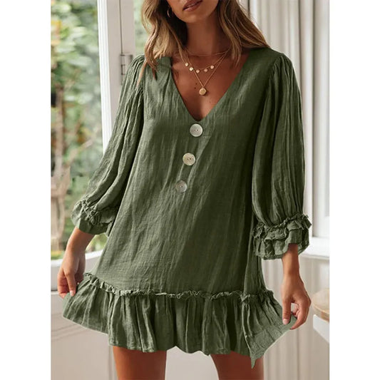 LD Casual dress with flared sleeves, V-neck and fringe