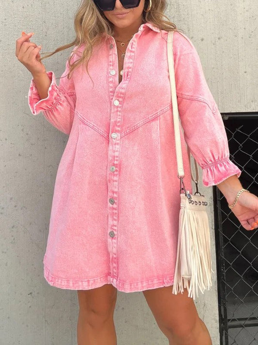 Pink denim shirt dress with long sleeves