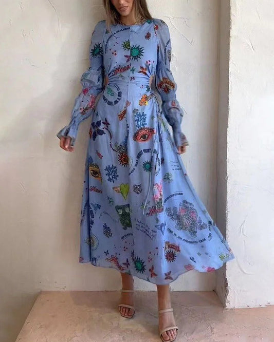 Long dress with hollow waist and individually-painted lantern sleeves