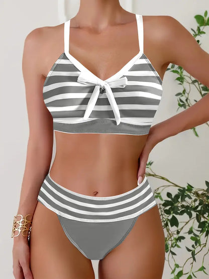 Sexy striped print bow V-neck bikini