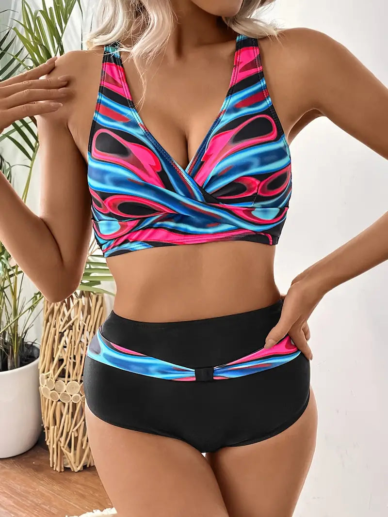 Fashionable and chic bikini with random print and V-neckline