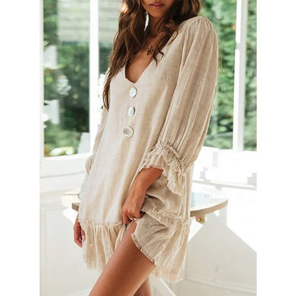 LD Casual dress with flared sleeves, V-neck and fringe