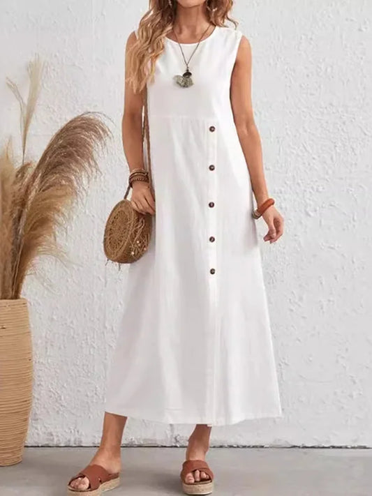 Loose midi dresses, sleeveless, asymmetrical, with buttons, split at the front, split at the waist and round neckline