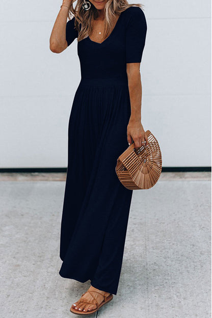 round neck short sleeve long jumpsuit with high waist