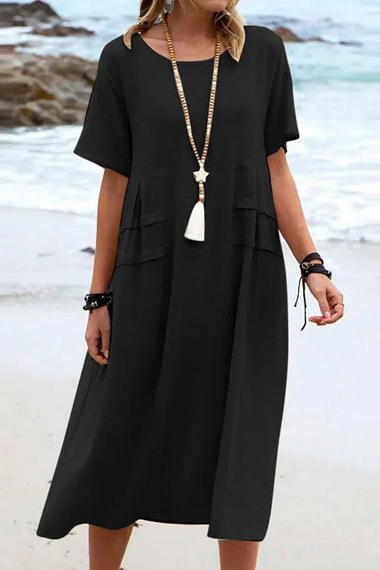 LP | Casual loose short-sleeved dress with round neckline and solid color