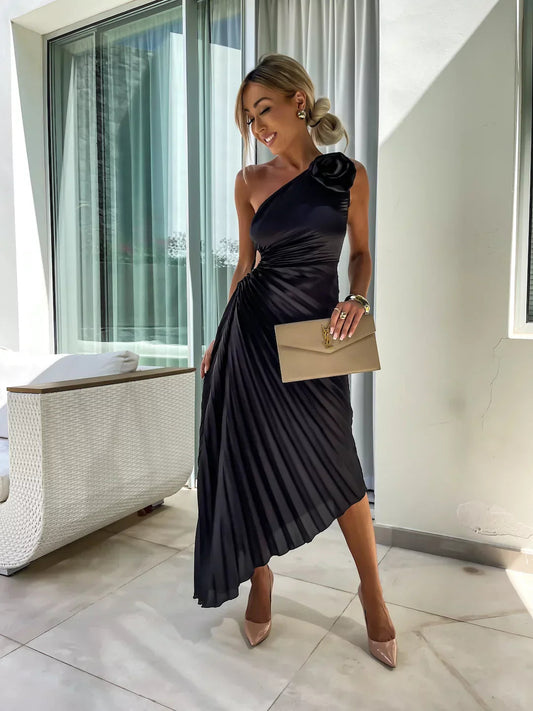 Elegant midi dress with asymmetrical design and one shoulder strap