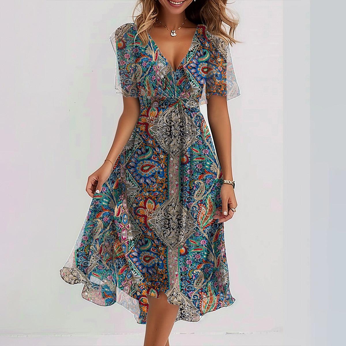 LP | Unusual short-sleeved mini dress with cashmere pattern