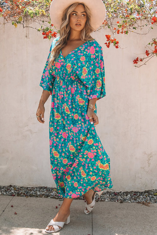 Bohemian dress with V-neck and floral print