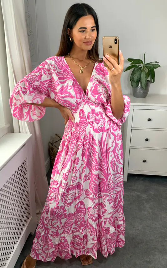 LD Long dress with V-neck and floral print in blue and white
