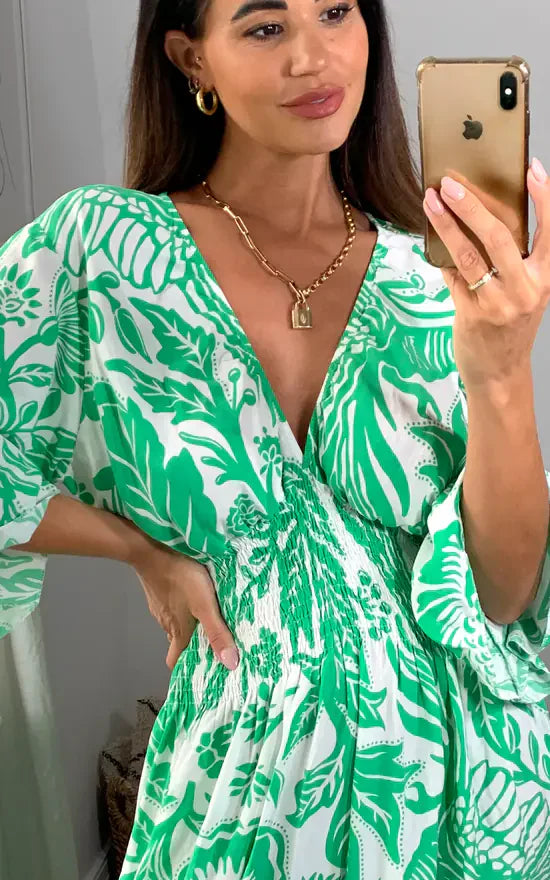 LD Long dress with V-neck and floral print in blue and white
