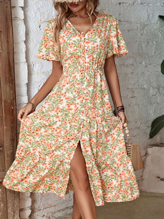 ladies dress with button closure and floral print