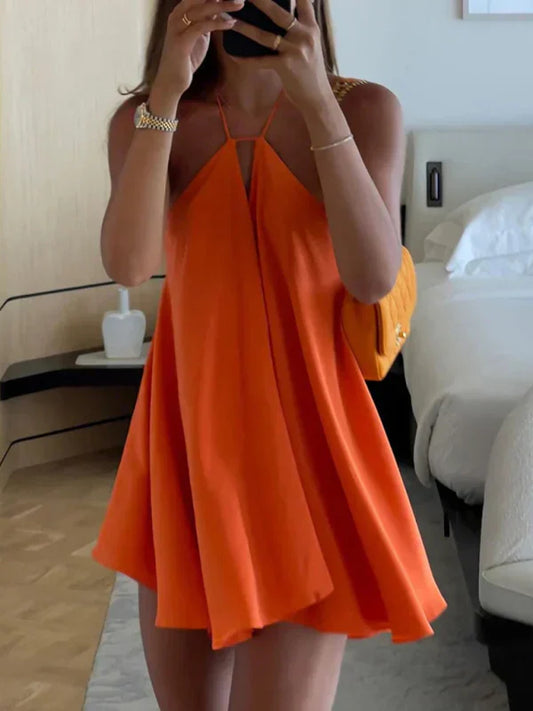 Mini dress with halter neck and straps and back view
