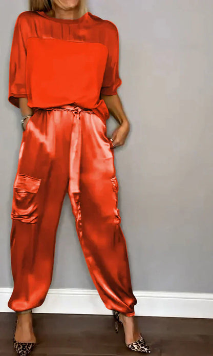Two-piece set with one-color satin top and pants for ladies