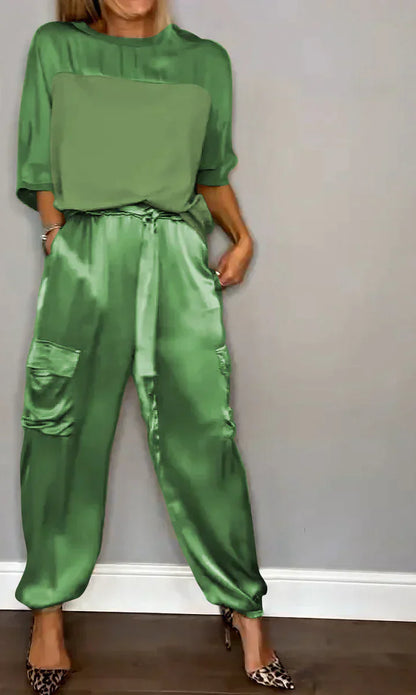 Two-piece set with one-color satin top and pants for ladies