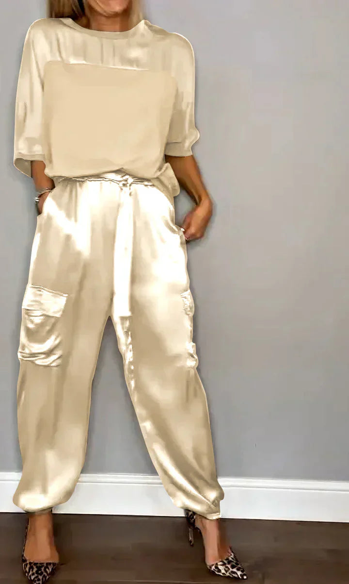 Two-piece set with one-color satin top and pants for ladies