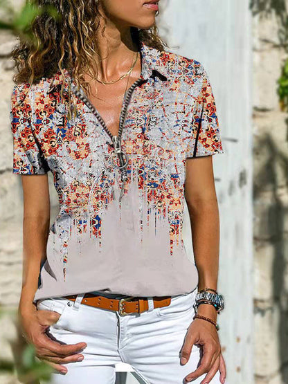 LD Bohemian West Ethnic Zip Top Short Sleeve T-shirt
