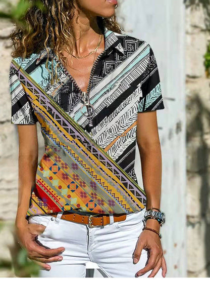 LD Bohemian West Ethnic Zip Top Short Sleeve T-shirt