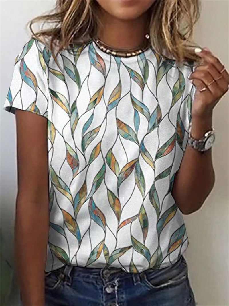 LD | leaf-print straight short-sleeved oversized T-shirt with round neckline