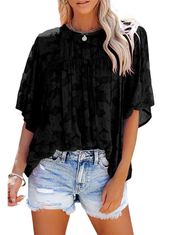 LD | five-point-sleeve lace shirt European and American women's foreign trade loose round-neck sweater