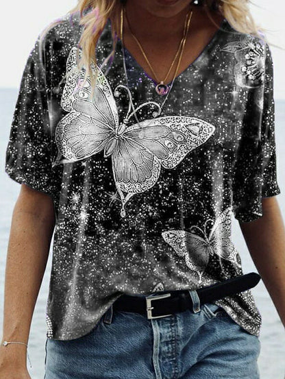 LD T-shirt with butterfly print mid-length sleeves