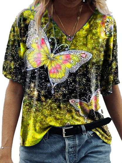 LD T-shirt with butterfly print mid-length sleeves