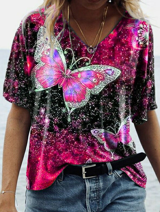LD T-shirt with butterfly print mid-length sleeves