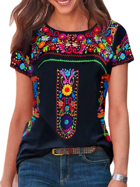 LD Boho print Round Neck Short Sleeve T-shirt Top