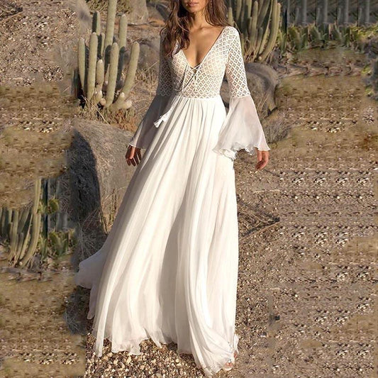 LD Long dress with flared sleeves V-neck and elegant openwork details