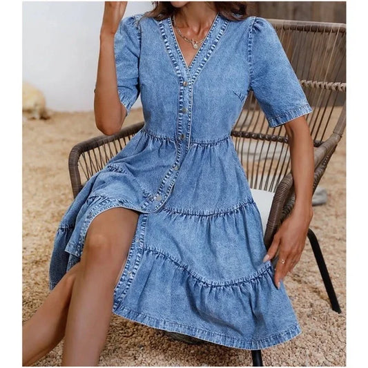 Mc | gathered chambray mini dress with denim button closure.