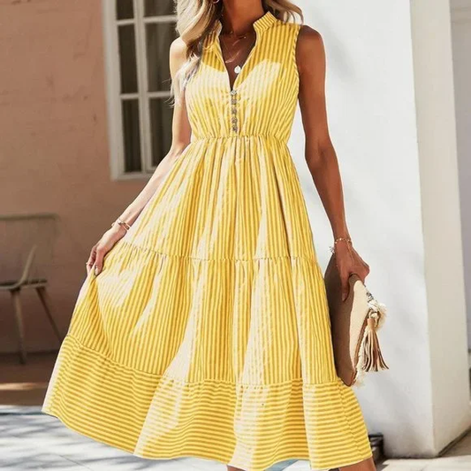 Flared dress with notched collar and stripe print - yellow