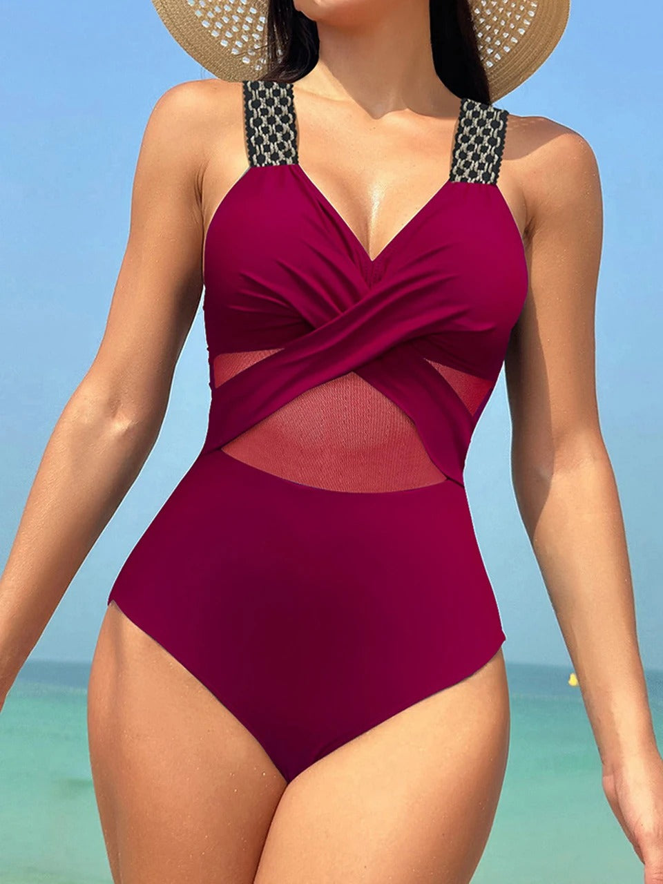 One-piece mesh swimwear with right strap