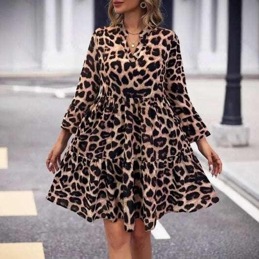 LP | V-neck long-sleeved mini dress with leopard print