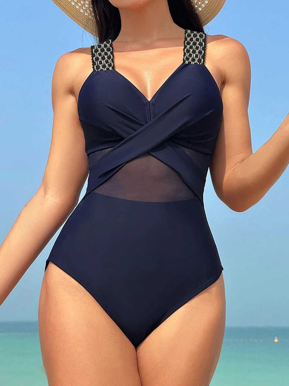 One-piece mesh swimwear with right strap