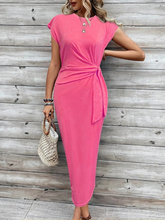 LP | Casual maxi dress with round neckline to tie in the front