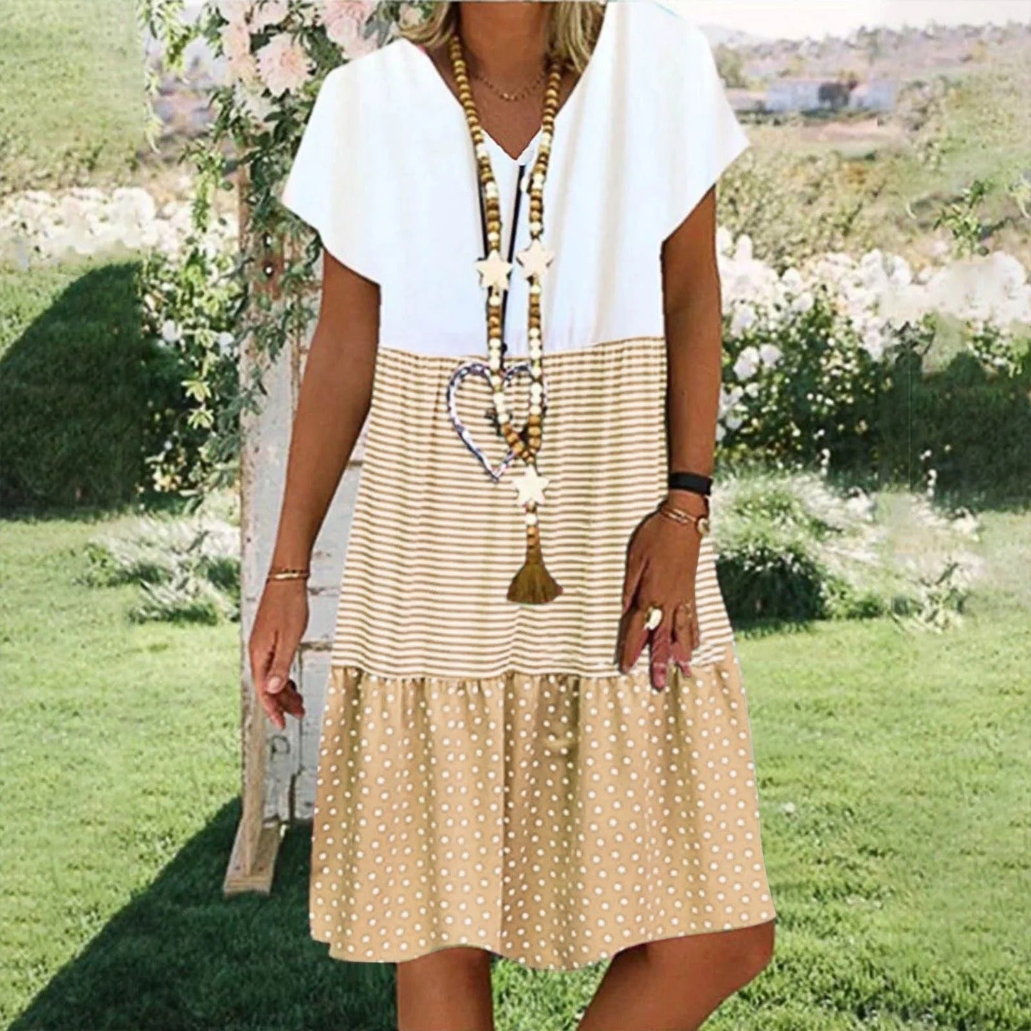 LP | short-sleeved midi dress with v-neckline