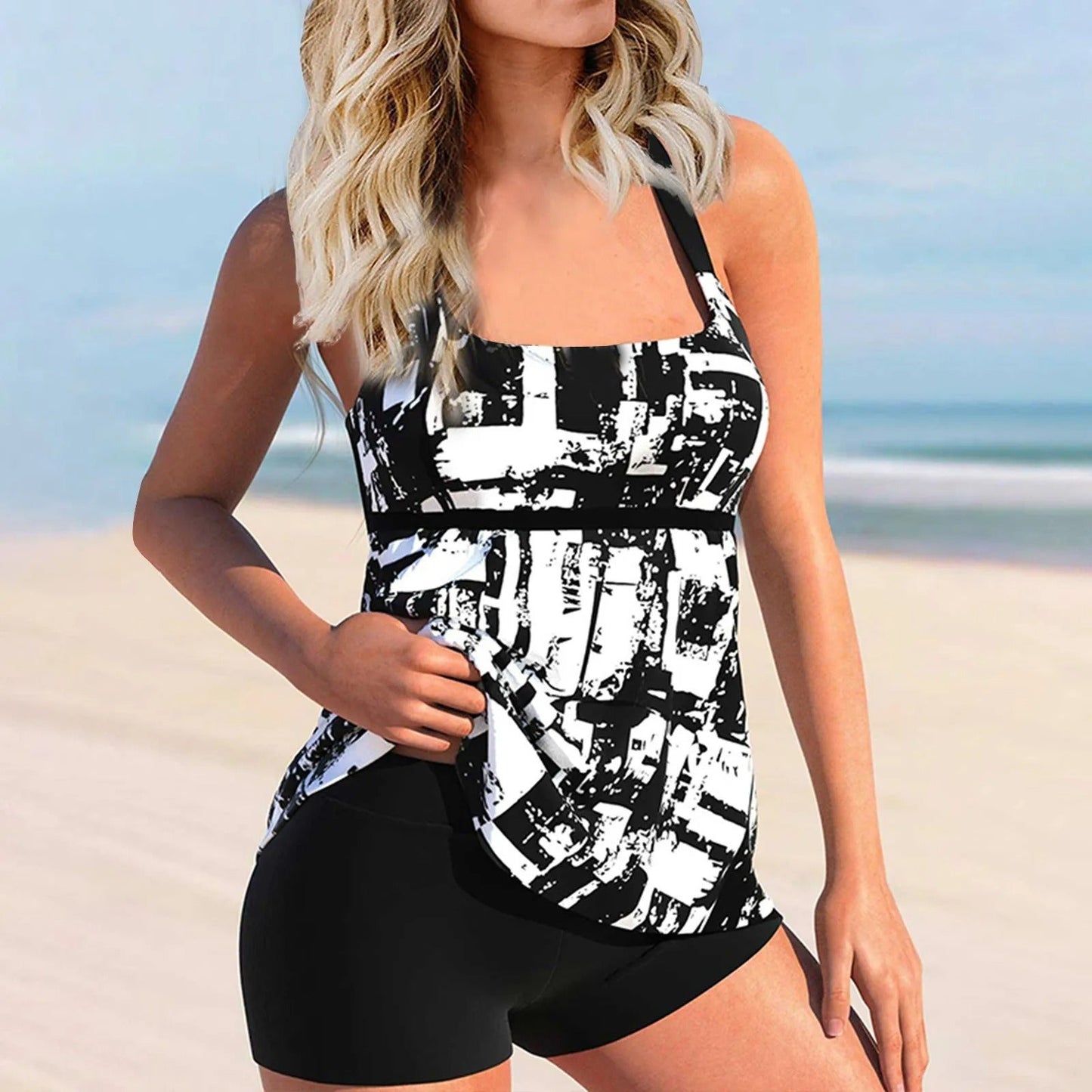 Printed-tankini swimsuit-with-square-neckline