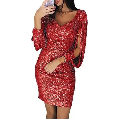 Sparkling evening dress with stylish open long sleeves