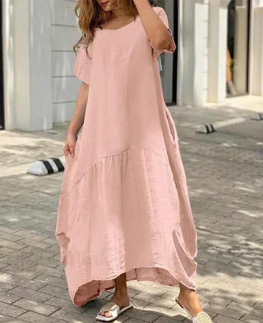 women's V-neck flared maxi dress with short sleeves