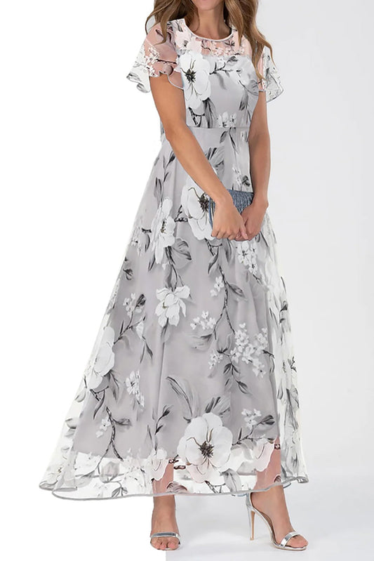Holiday maxi dress with short sleeves and round neck with zipper closure