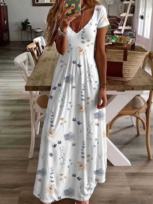 LP | Long dress with short sleeves, v-neck and floral print