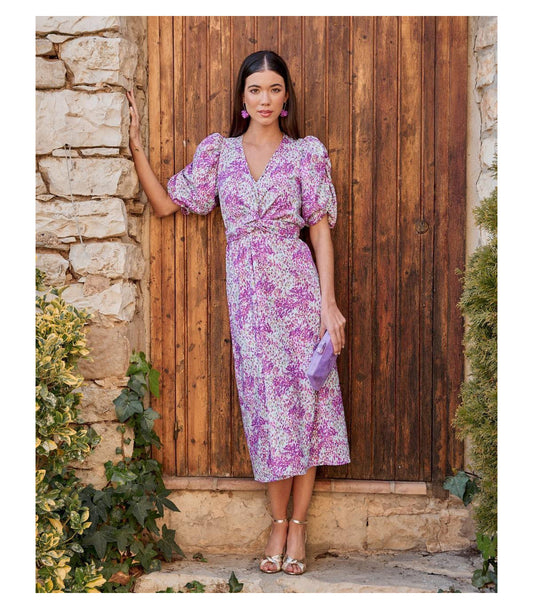 Midi dress with puff sleeves and elegant floral print