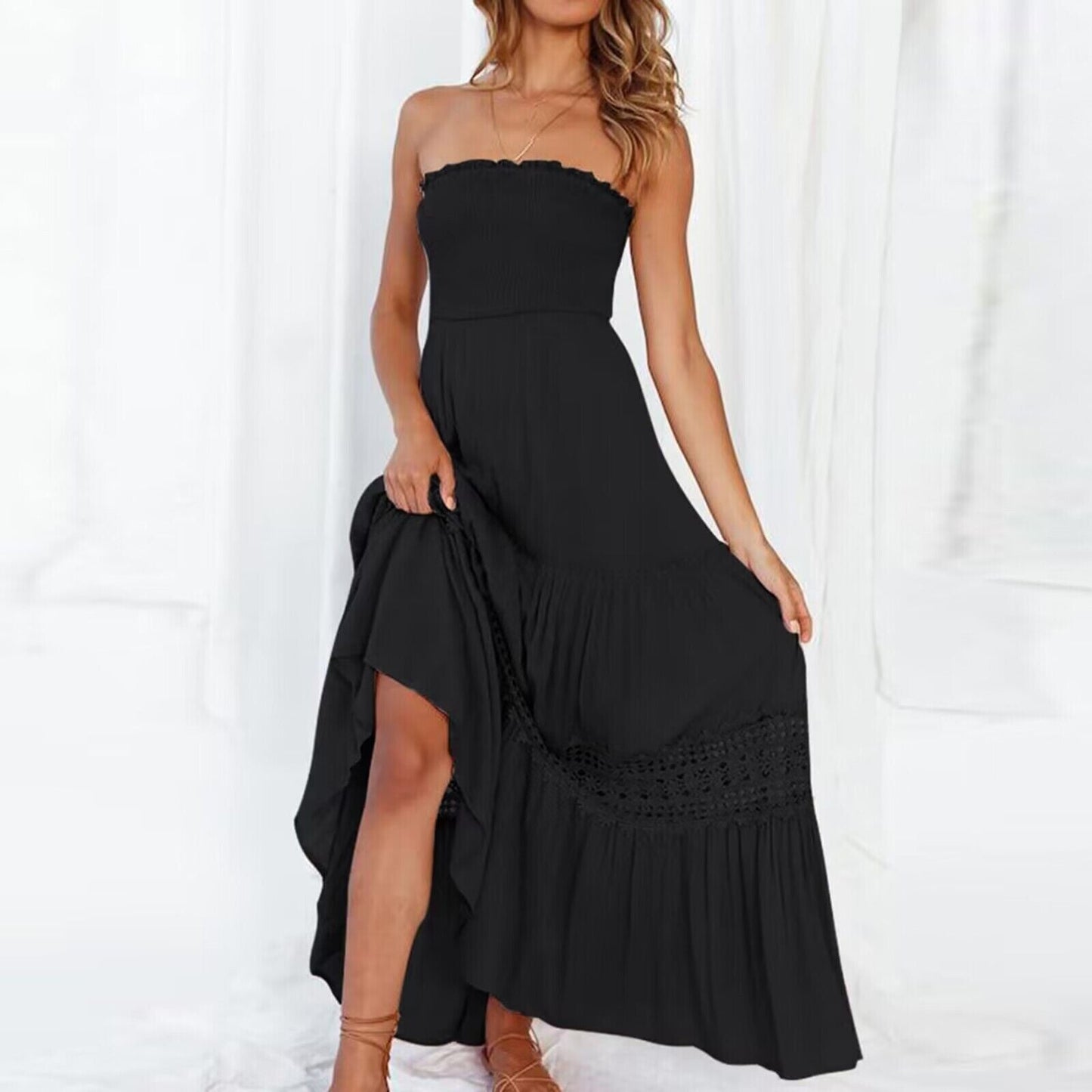 Mc | Off-the-shoulder summer dress with lace trim
