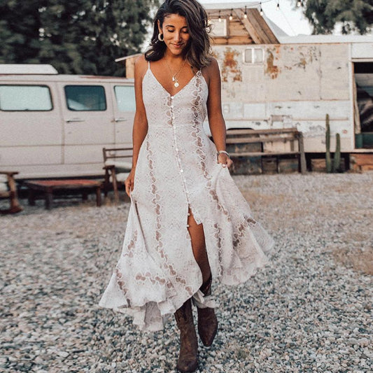 LD Long sleeveless bohemian dress with straps and irregular flounces