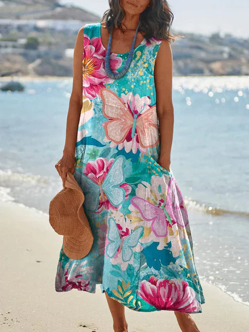 LP | Elegant vintage sleeveless dress with round neckline