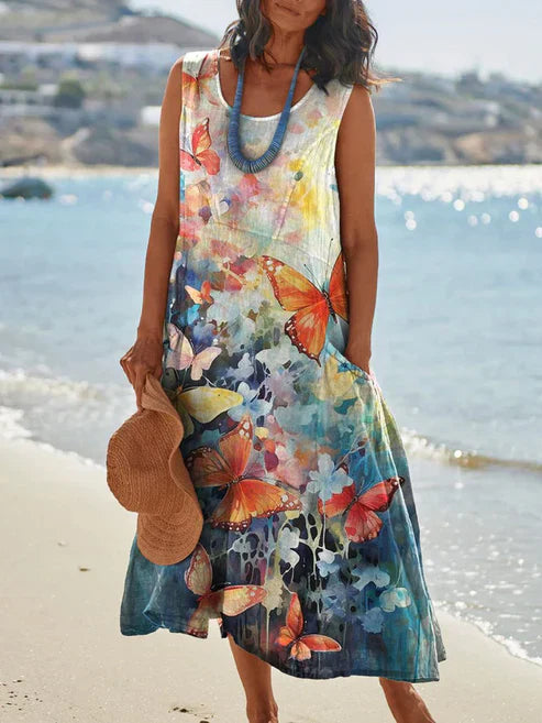 LP | Elegant vintage sleeveless dress with round neckline