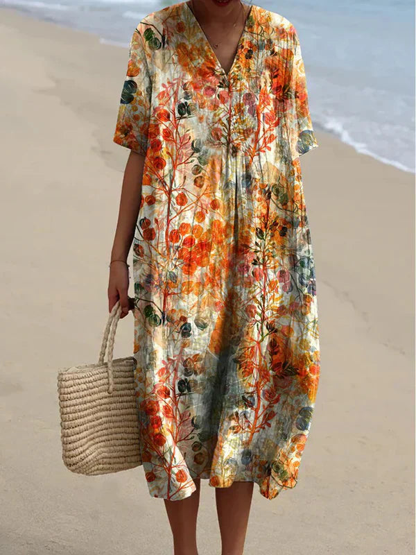 LP | retro floral print v-neck elegant loose chic mid-length dress with short sleeves