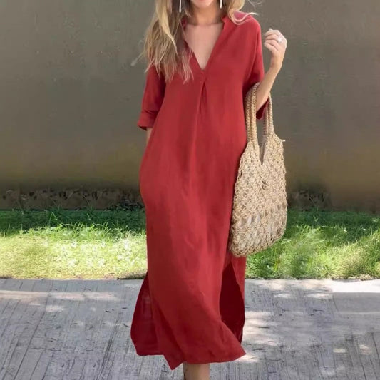 Elegant long dress with V-neck and side slit