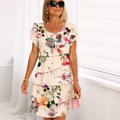 LD Long dress with floral print and flowing drape